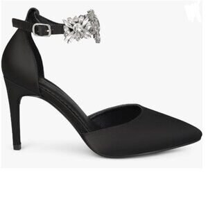 Pazzion Black Lizzie Satin Pointed Toe Rhinestone Ankle Strap D'Orsay Pump